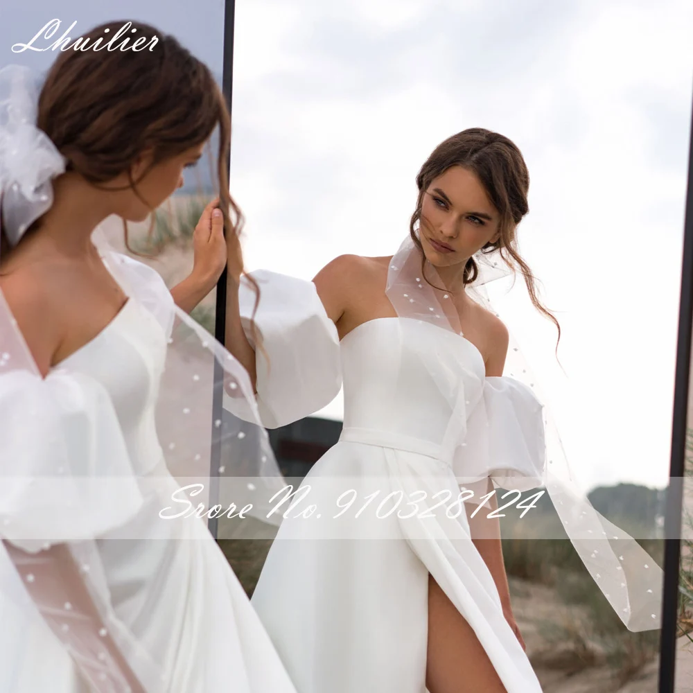 Lhuilier-Vestido de novia de satén sin tirantes, Simple, con mangas abullonadas, corte A, con abertura alta