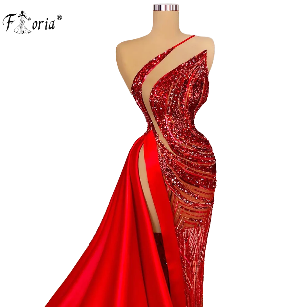 

Dubai Sparkle Red Evening Dresses Thigh High Slit Ruched Beading Prom Gowns Sequins Arabic Wedding Party Gown Vestidos