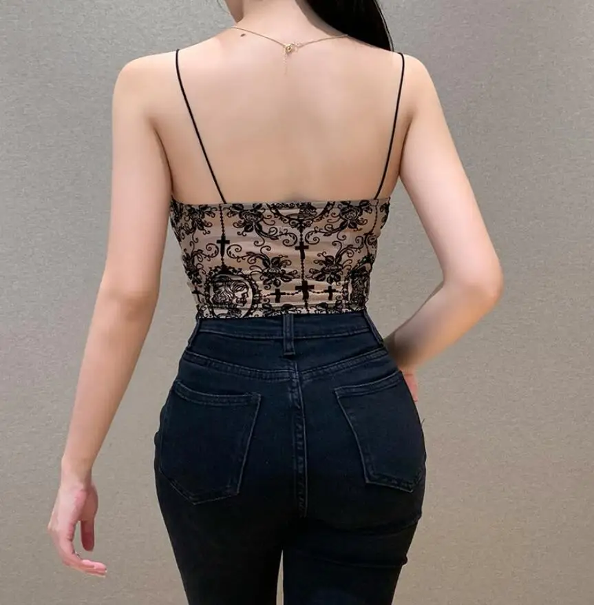 Women Sexy Backless Camisole Floral Print Apricot Camis bustier Corset Female Summer Slimming Crop Tops q331