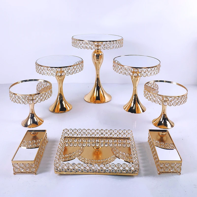 8pcs Crystal Metal Cake Stand Set  Acrylic Mirror Cupcake Decorations Dessert Pedestal Wedding Party Display Tray