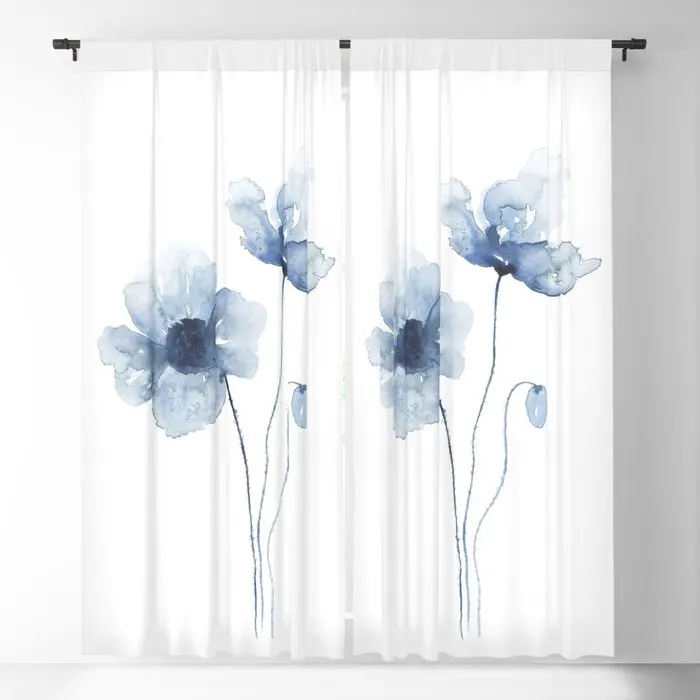 Blue Watercolor Poppies Blackout Curtains 3D Print Window Curtains For Bedroom Living Room Decor Window Treatments