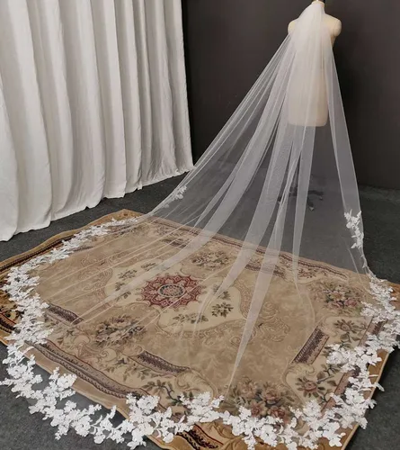 Foto reales personalizadas velo de novia de encaje festoneado velo de novia de 3m/4m con peine accesorios de velo de marfil blanco catedral de una capa