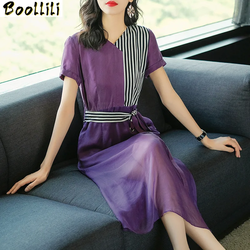 

Silk Boollili Real Dress Summer Dress Women Korean Fashion Spliced Midi Dress Elegant Vintage Party Dress Vestidos Mujer