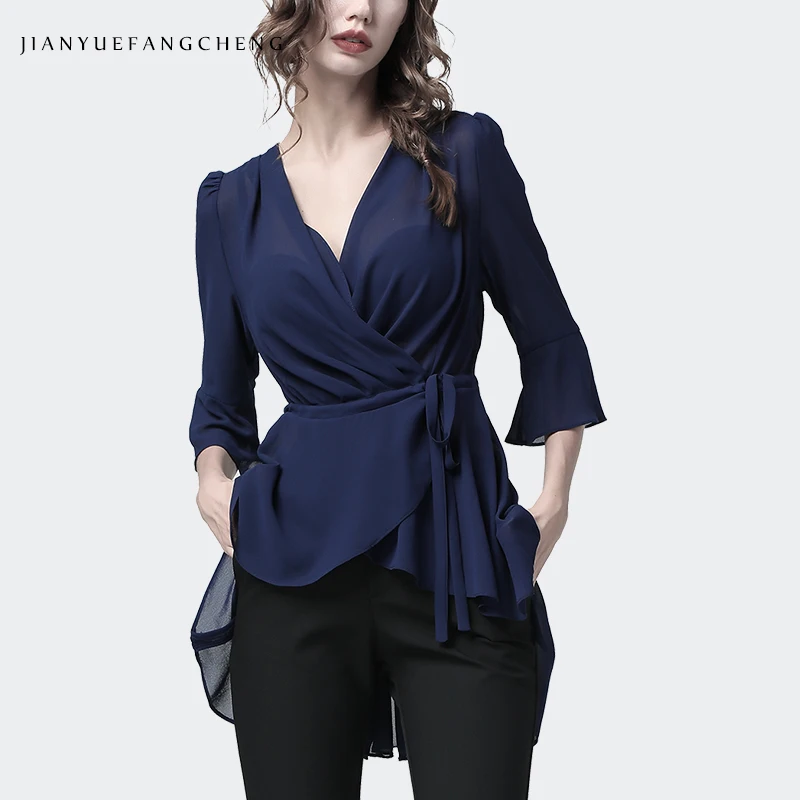 Long Tail Women Chiffon Tuxedo Blouse With Bra Spring Summer Three Quarter Sleeve V-Neck Tops Elegant Slim Irregular Tunic Shirt