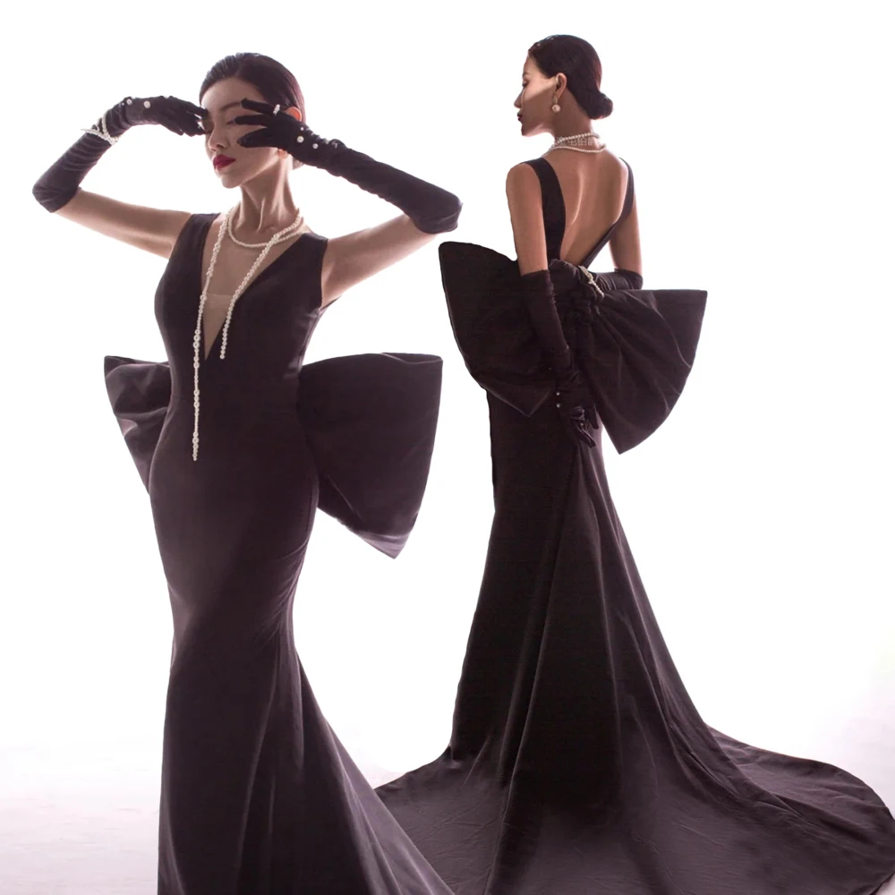 

Sexy Black Arabic Dubai Long Evening Dresses With Bow Mermaid V-neck Backless Prom Formal Gown Robe De Soiree Vestido Longo