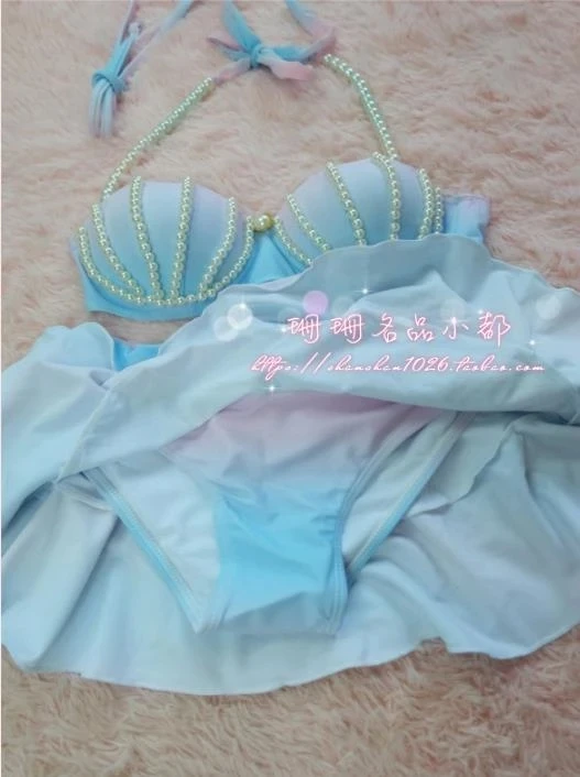 COSLEE [STOCK] Cute Swimsuit Mermaid Bikini Swimwear Gradient Shell Bra Pearl Decoration Summer Lolita Sweet Clothing