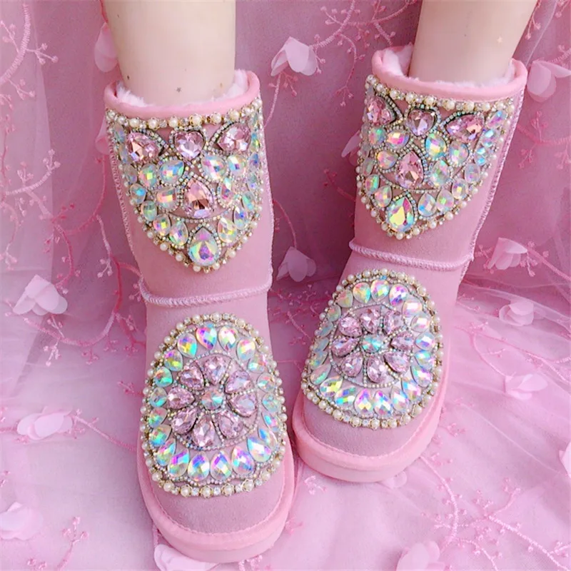 Sweet Pink Gemstone Pearl Beads Snow Boots Ladies Bling Diamond Flat Warm Plush Slip On Winter Booties