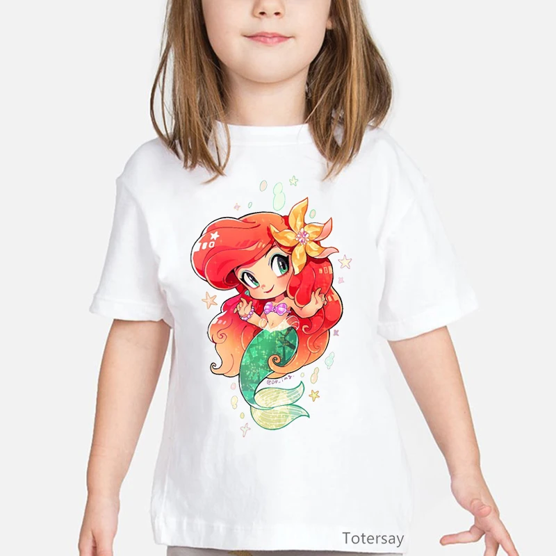 

Pretty Girl and Fish Friends T Shirt Girls Kawaii Kids Clothes Harajuku Summer Tops for Girls White Short Sleeve T-shirt