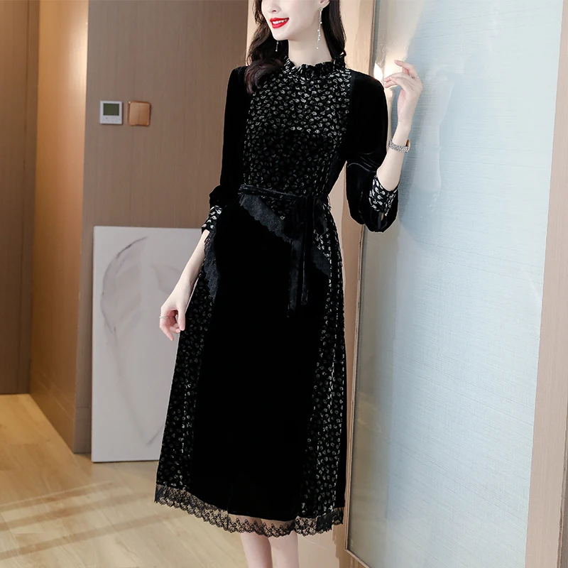 2024 Black Print Velvet Bodycon Midi Dress Autumn Spring Korean Vintage Patchwork Dress Women Elegant Office Lady Party Vestidos