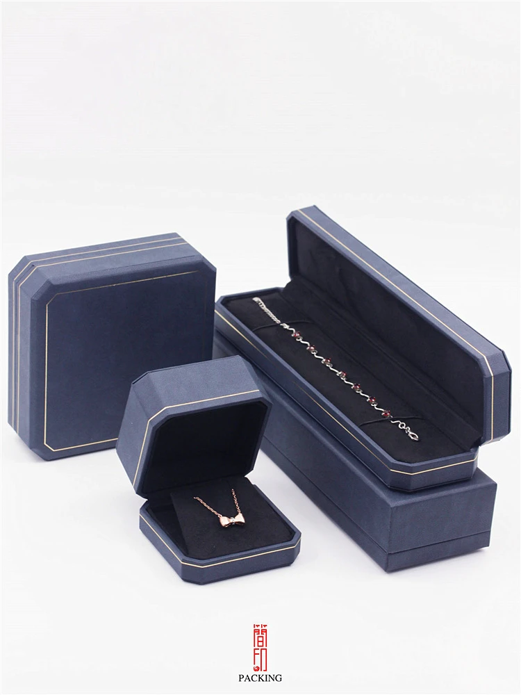 Boutique Blauwe Kleur Achthoekige Sieraden Verpakking Dozen Met Gouden Sideline Ring Hanger Case Mooie Ketting Box Groothandel