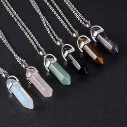 1 Uds. Collar con colgante de piedra de péndulo de punto curativo Hexagonal de cristal obsidiana de cuarzo Natural de acero inoxidable para regalo