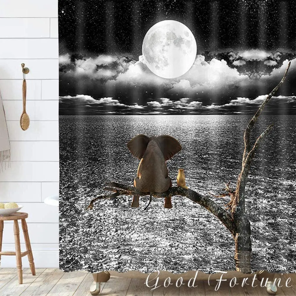 Cute Elephant Sitting On A Tree Branch Watching The Moon Ocean Scene, Waterproof Fabric Shower Curtain Bathroom Decoration