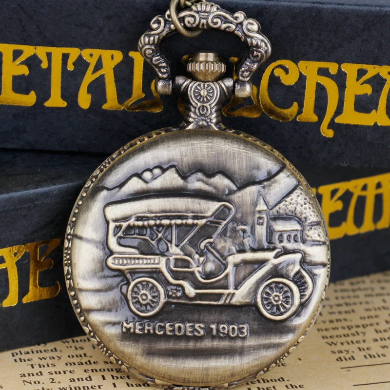 Bronze Quartz Pocket Watch 1903 Mercedes-Benz Style Carved Man Woman Driver Pendant Chain Accessories