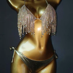 NEW Bikini Set Women Halter Low Neckline Bling Diamante Tassel Bra Crop Top High Cut Bandage Panties Rave Festival Party Wear
