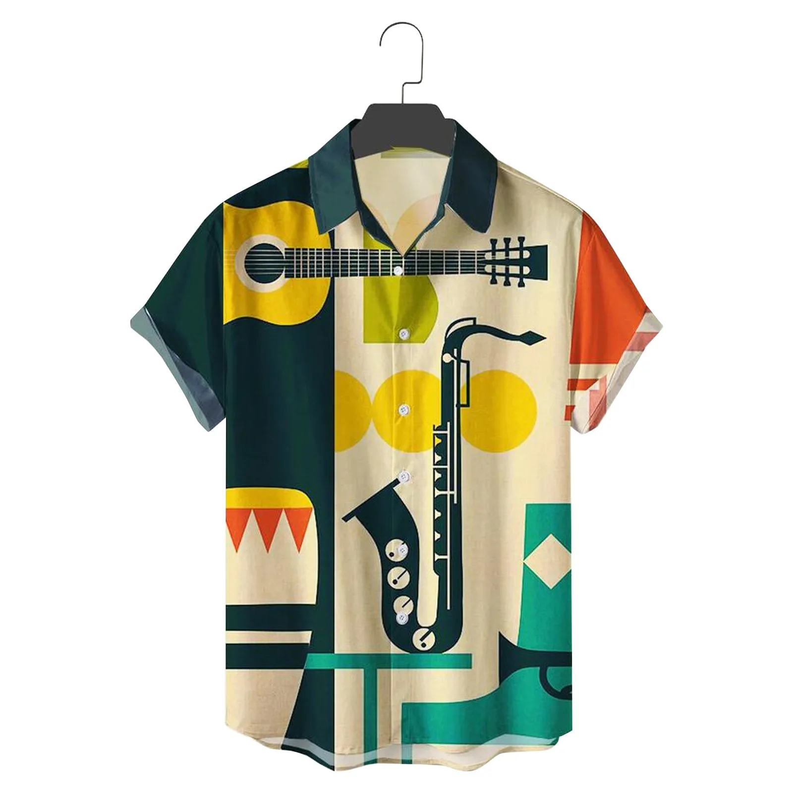 2022 Men\'s Shirts Men Hawaiian Casual One Button Shirts Musical Instruments Printed Short-sleeve Beach Blouses Tops Camicias