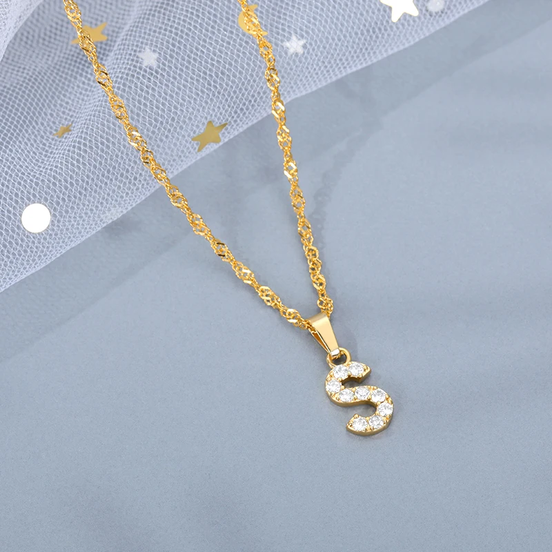 Exquisite Zircon Letters Initial Necklace For Women Men Water Wave Chain A-Z Alphabet Pendant Necklace Couple Jewelry Gifts