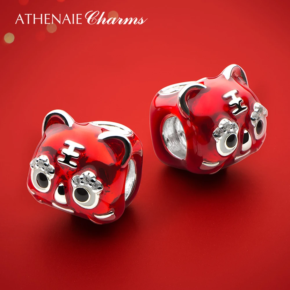 ATHENAIE 925 Sterling Silver Red Enamel Chinese Safe Helath Tiger Head Shoes Best Wishes Charms fit Bracelet for Children