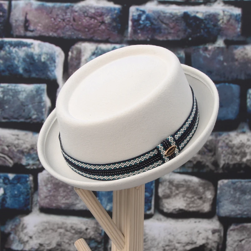 GEMVIE 100% Wool Felt Crushable Men Women White Porkpie Hat Curved Brim Pork Pie Wool Hat Unisex Autumn Winter Fedora