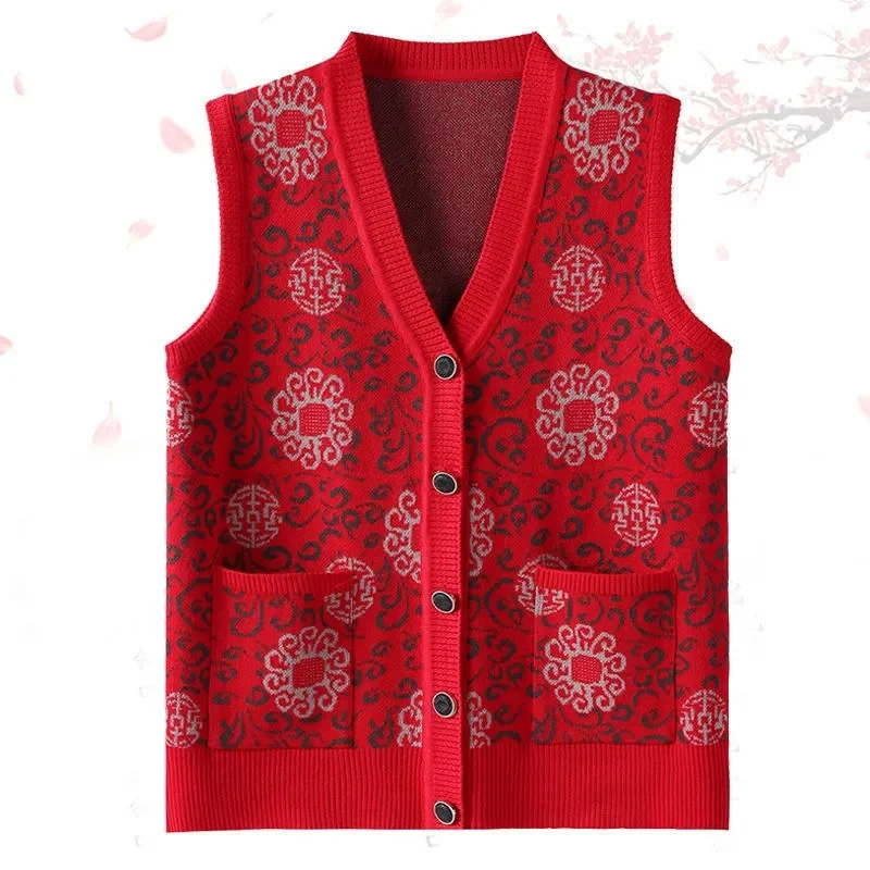 Women\'s Vest Middle-Aged Elderly Women\'s Knitted Cardigan Sweater Waistcoat Spring Autumn Knitted Jacket Female Outerwear Tops