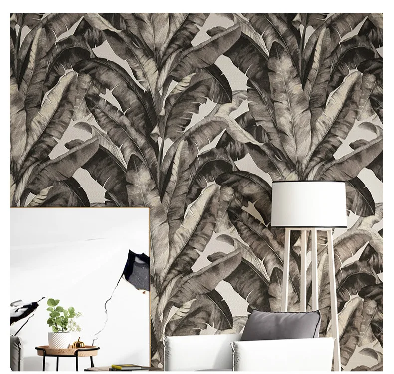 Heavy Weight Banana Leaf Tropical Wall Paper Green Plant Living Room Background Black Vinyl Wallpapers Roll,Grey,White