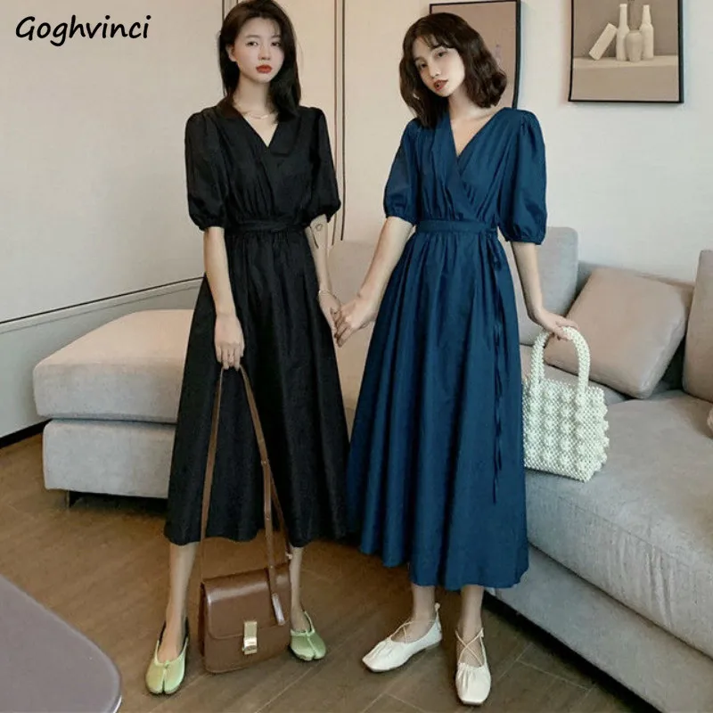 Women Short Sleeve Dress Elegant Solid Lace-up Dresses V-neck Fashion Loose Korean A-line Mid-calf Leisure Big Swing Simple Chic