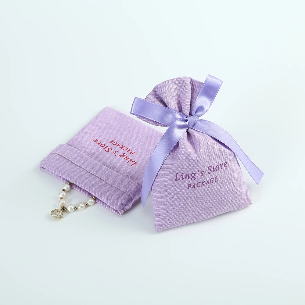 

100pcs Purple Cotton Small Pouches Burlap Bucket Bag with Ribbon for Wedding Party Candy Bag Custom Logo Jewelry Packing Gift