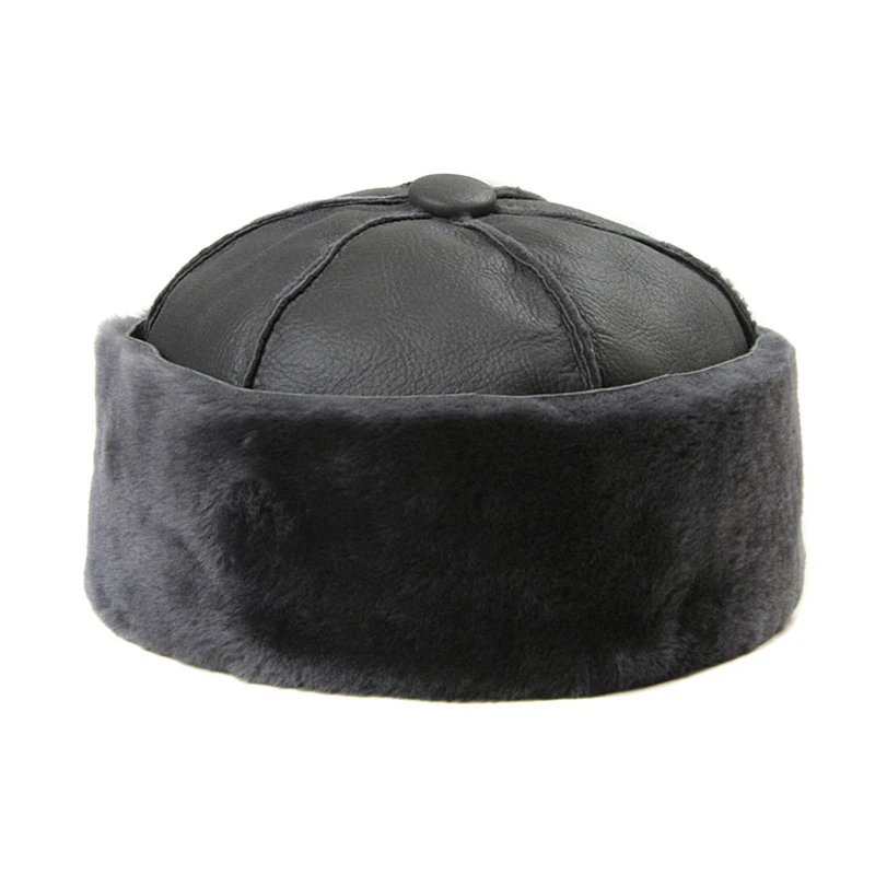 Winter Genuine Leather Hat Integrated Melon Hat Thick Warm Real Sheepskin Landlord Hat Sailor Leather No Brim Round Fur Hat