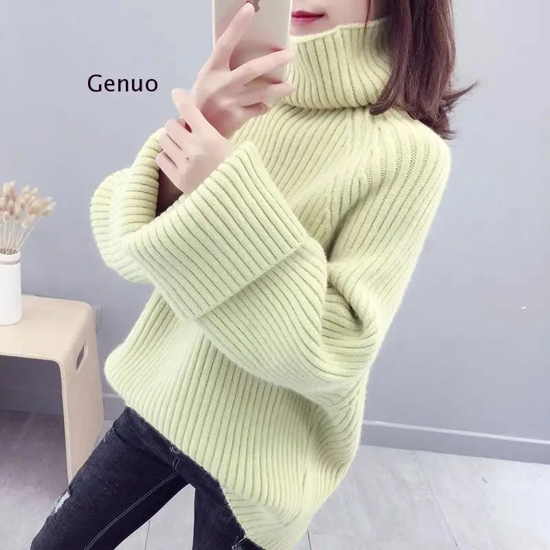 Turtleneck Solid Color Sweater Women Winter Warm Loose Oversize Knitted Pullover Sweater Female Soft Jumper