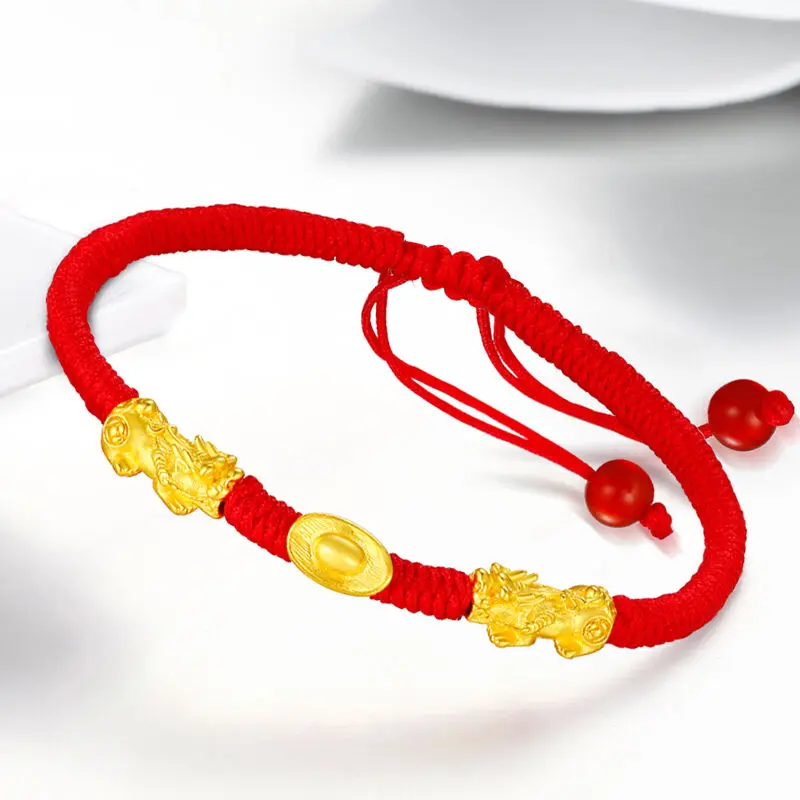 Pure 24K  999 Yellow Gold Bracelet 3D Double Pixiu With Yuanbao Ingot Weaved  Men Woman Bangle