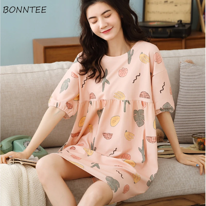 

Women Nightgowns Above Knee Oversize Short Sleeve Lovely Printed Stylish Comfortable Thin Girls Sleepwear Leisure Female Ulzzang