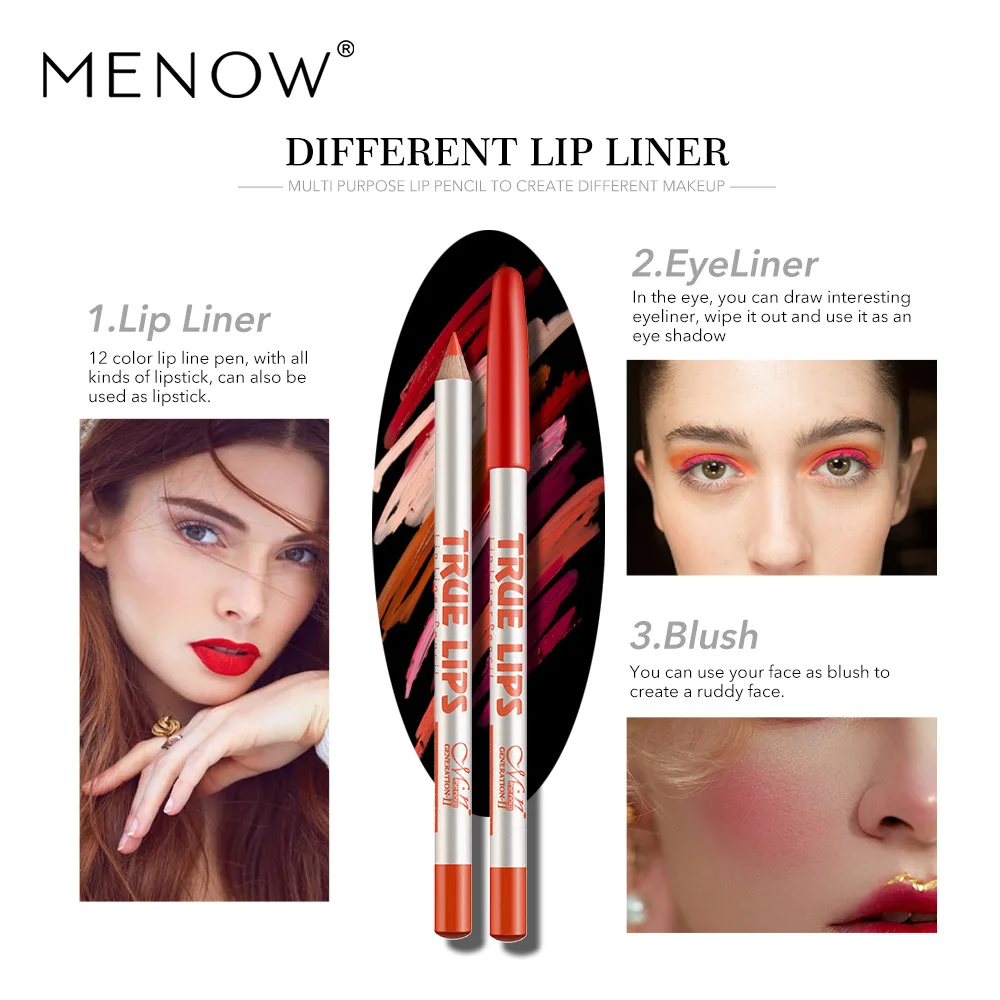 Hot Selling Menow P14002 Lip Liner 12 Color Mixed Color Waterproof Lipstick Cosmetics Lip Pencil Pen Makeup Gift for Women