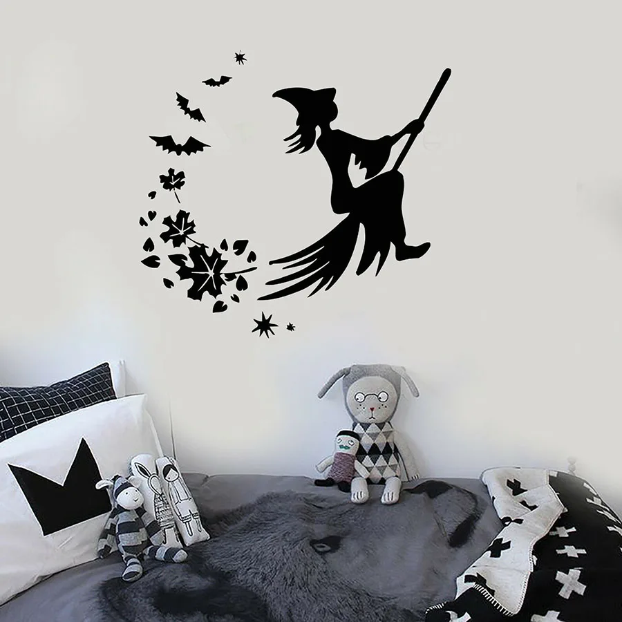 Vinyl Wall Decal Halloween Witch Broom Magic Fairy Tale Leaves Creative Sticker Kids Bedroom Nursery Kid Zone Wall Decor S1220