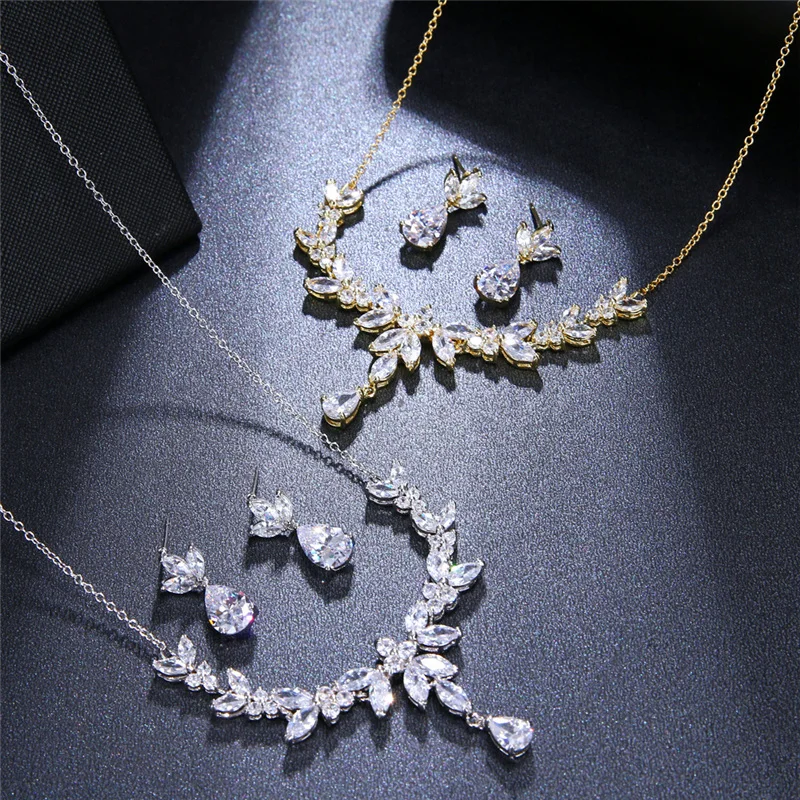 Ekopdee Luxury Brilliant Leaf Jewelry Set For Women Zircon Silver Color Wedding Bridal Necklace Earrings 2021 New Parure Bijoux