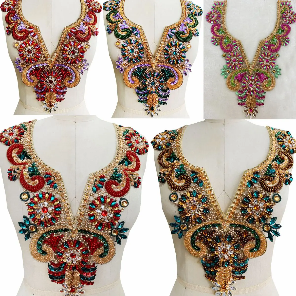 

Handmade multicolored rhinestones lace applique sew on beads stones trim patches for dress clothes neckline