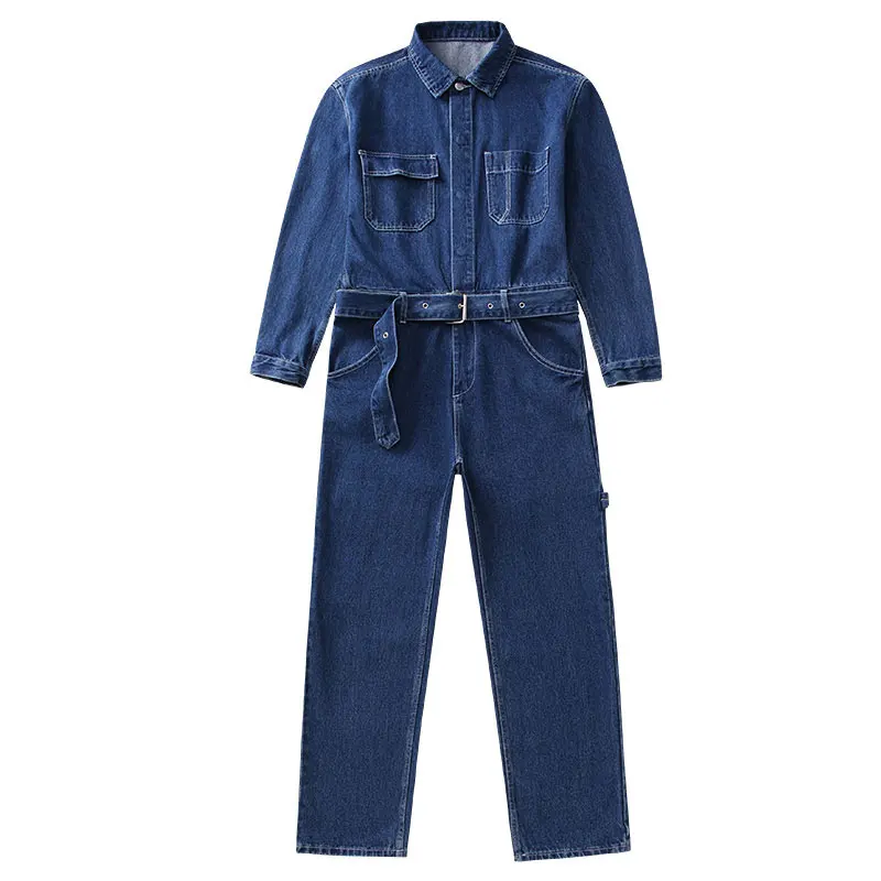 

2021 Spring Overalls Men's Denim Jumpsuits Loose Long Sleeve Lapel Solid Color Blue Jeans Hip Hop Pants Fashion Freight Trousers