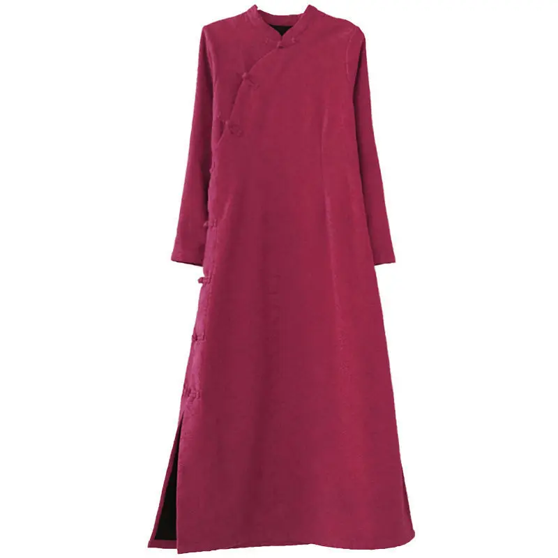 Chinese Retro Disc Button Plus Velvet Cheongsam Dress Women Winter Thick Jacquard Cotton And Linen Dres Long Female Robes M168x