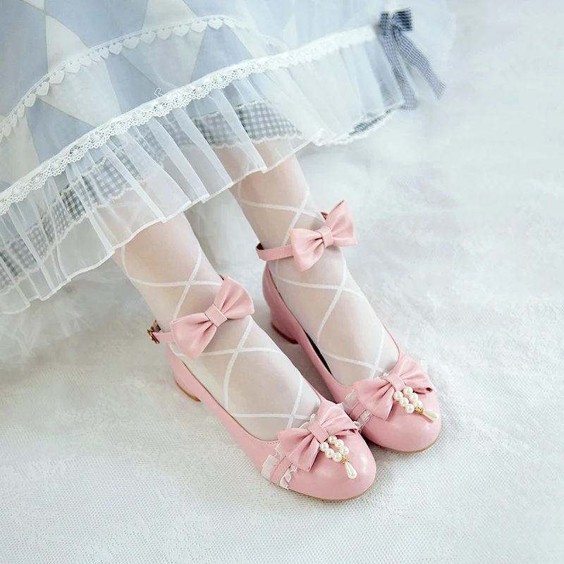 Low Heels 2025 Women Lolita Shoes Ankle Strap Pumps Spring Autumn Bow Pearls Princess Lace Casual Cosplay Party Big Size 34-50