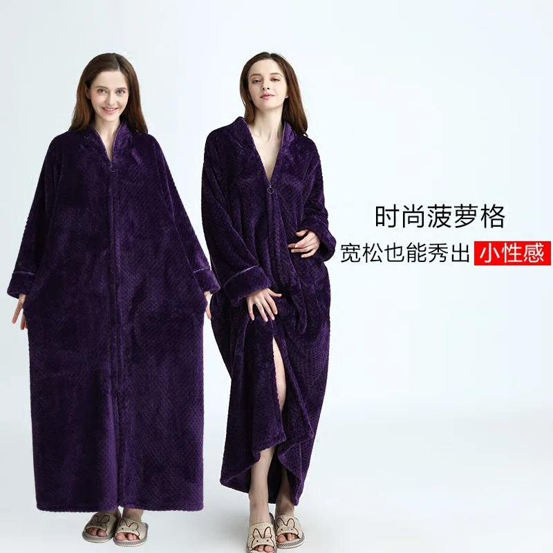 Women Winter Extra Long Thick Warm Bath Robe Zipper Luxury Flannel Peignoir Pregnant Bathrobe Men Coral Fleece Robes