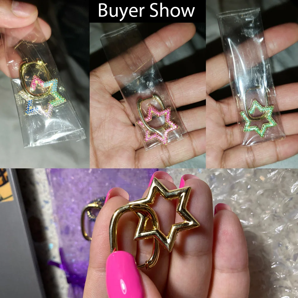 Pera Unique Dangle Big Colorful Hollow Star Shape CZ Zircon 1 Piece Gold Color Hoop Earrings for Women Party Accessories E682