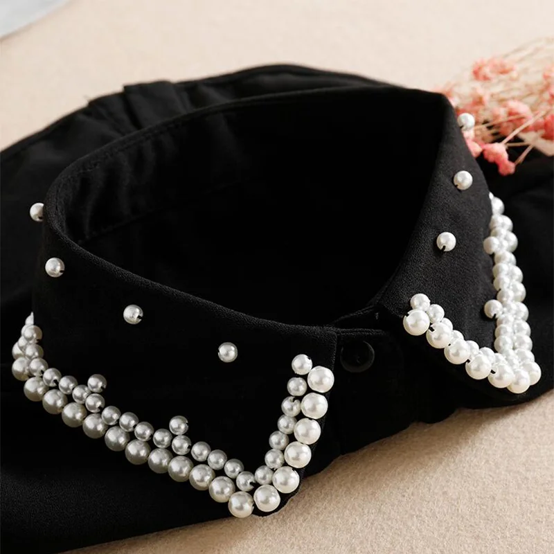 Bead Fake Collar Shirt Women White False Collars Woman Pearl Women Beaded Detachable Collar Necktie Black Chiffon Half Shirt