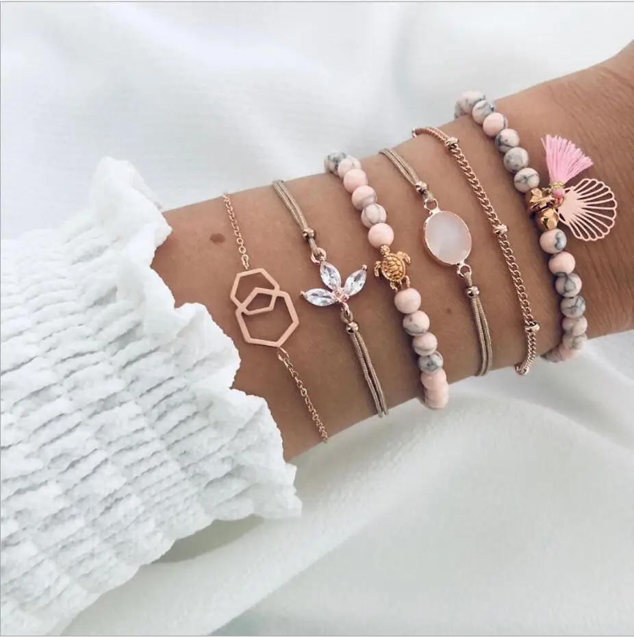 النساء أساور مجموعة بوهو جوهرة قذيفة السلحفاة ليف حبة سلسلة جلدية متعدد الطبقات سوار سحر سيدة الذهب والمجوهرات هدية S2241 #4