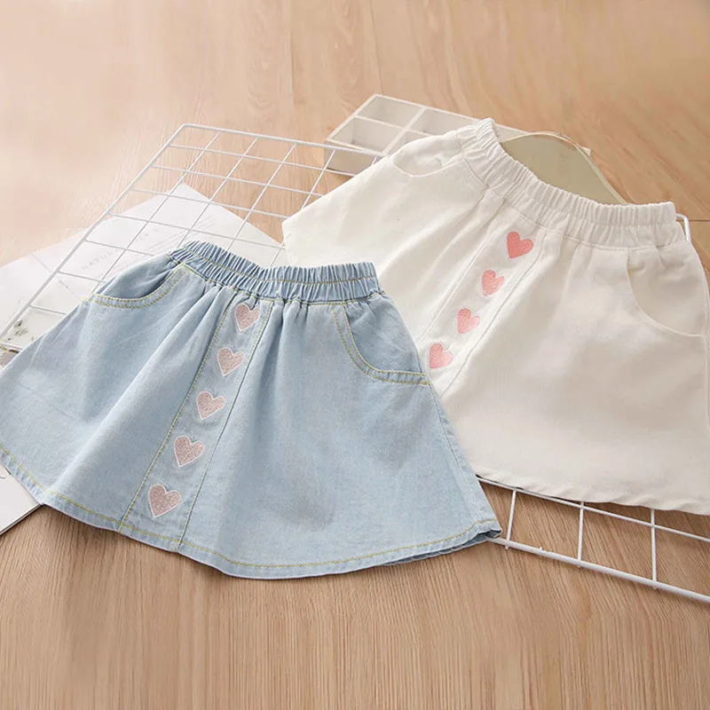 2024 Autumn Spring 2 3 4 6 8 9 10 12 Years Cotton School Embroidery Lovely Cotton With Pocket Baby Kids Girls Denim Skirt