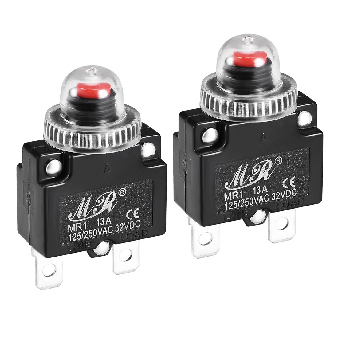 UXCELL 2Pcs Thermal Circuit Breakers 13A 125/250V AC 32V DC Push Button Reset Overload Protector Switch with Waterproof Cap