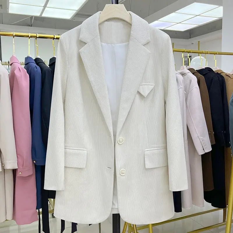 

Beige Corduroy Jacket Blazer Women's Fall/Winter Single-Breasted Design Temperament Wild Suit Coat Trend Spring Outerwear M1775