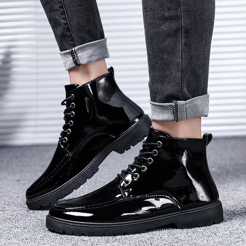 New Patent Leather Boots Men British Style Gothic Ankle Boots Punk Men Black Motorcycle Oxford Boots Thick Sole High Top Shoes