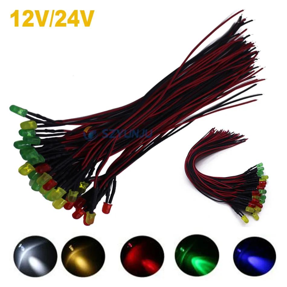 

12V/24V F5mm 2PIN LED light Diffused Frosted Emitting Diode Frosted Round Red Grenn Blue Wihte warm whtie 20cm Cable Pre-Wired