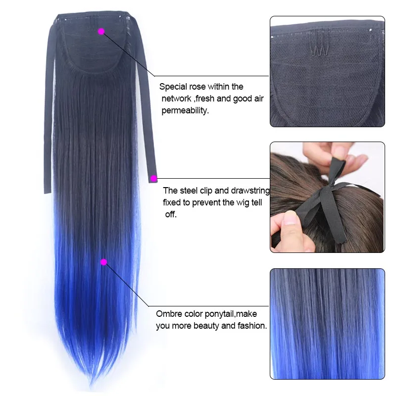 Long Straight Clip on Hair Tail Extension Synthetic Heat Resistant Gradient Color Ponytail Hiarpieces