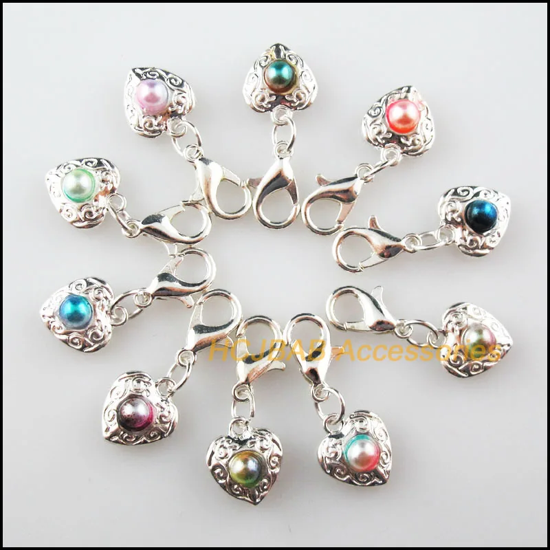 10 New Heart Flower Charms With Lobster Claw Clasps Multicolored Mixed Beads Silver Plated