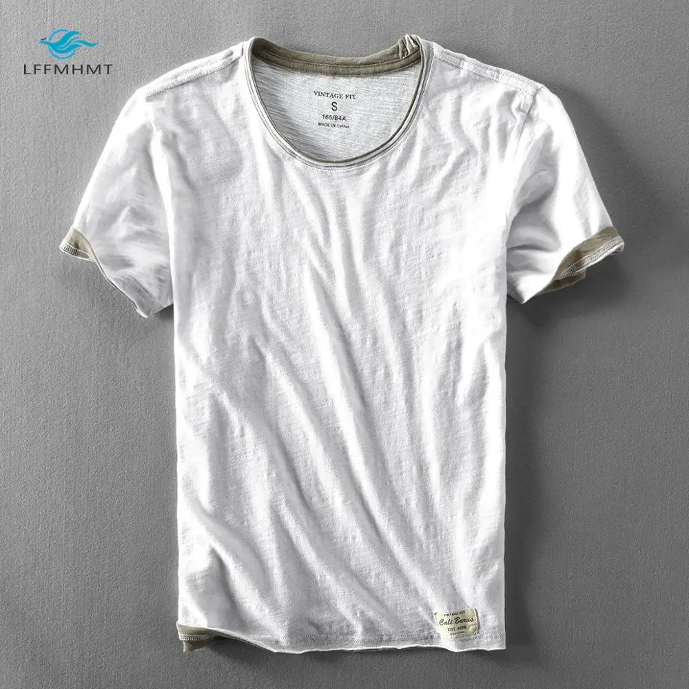 T-shirt à manches courtes pour homme, vêtement de marque, Style japonais, coton bambou, couleur unie, décontracté, Simple, fin, blanc, été