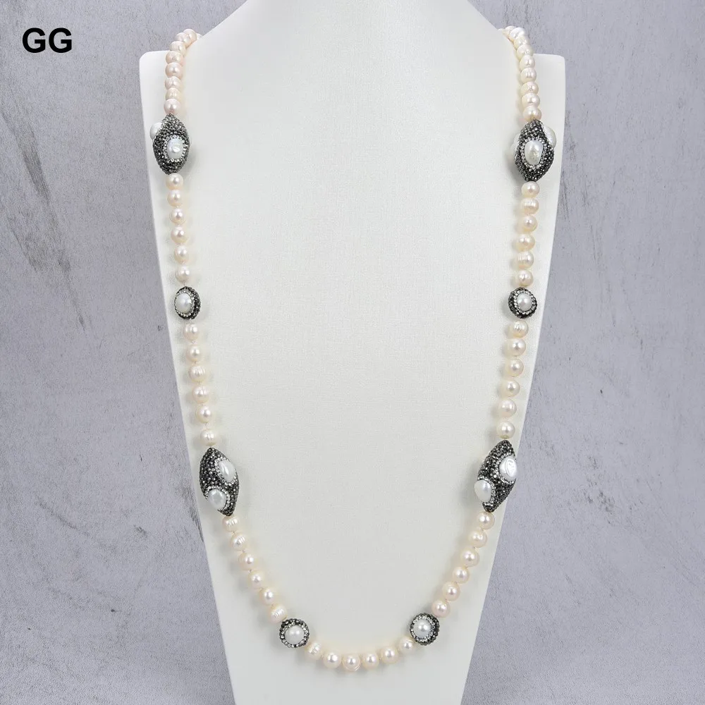 

GuaiGuai Jewelry 38" 8-9mm White Pearl Black Crystal CZ Pave Long Necklace For Women